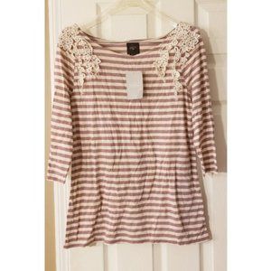 Deletta New Light Purple/Cream Stripe Lace Detail Long-Sleeve T